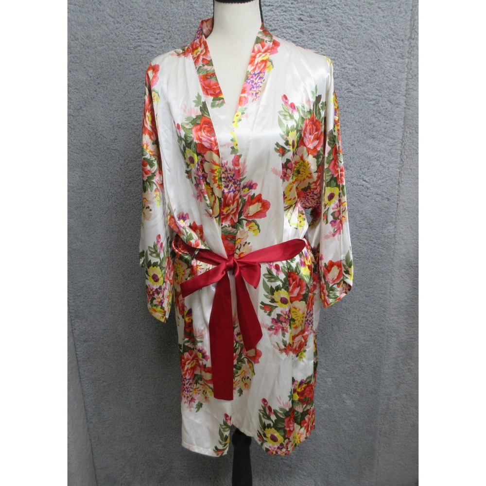 Event Blossom Floral‎ Satin Kimono Robe Womens OS White Pink Belted Boho Bridal